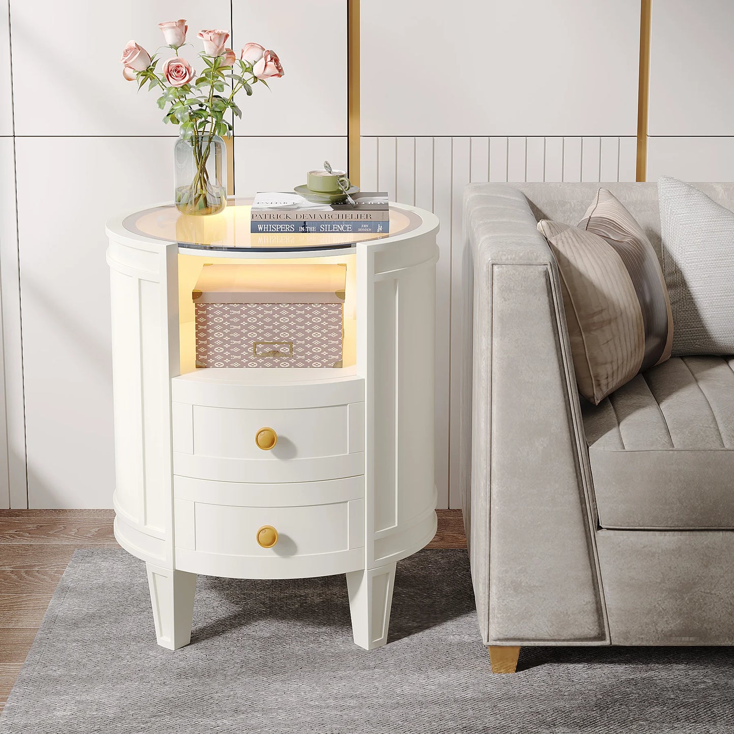 Little Tree 2 Drawer Nightstand Glass Tabletop Modern LED Nightstand