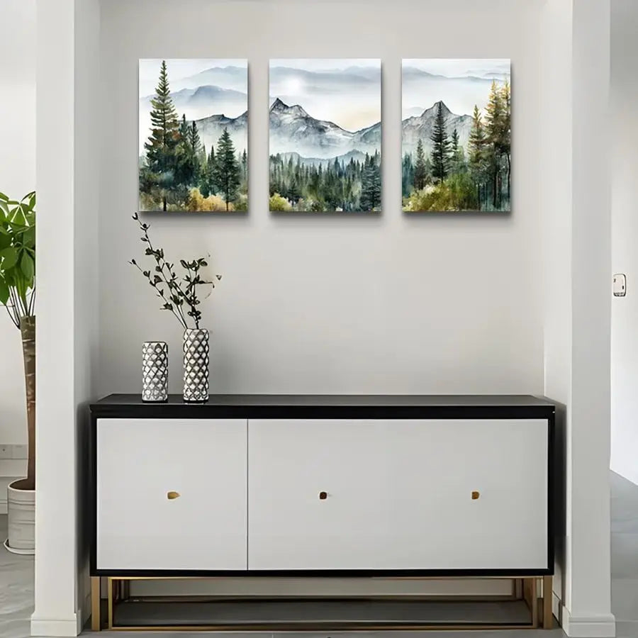 Three Piece Framed Canvas Wall Art Set Mountain Forest Abstract