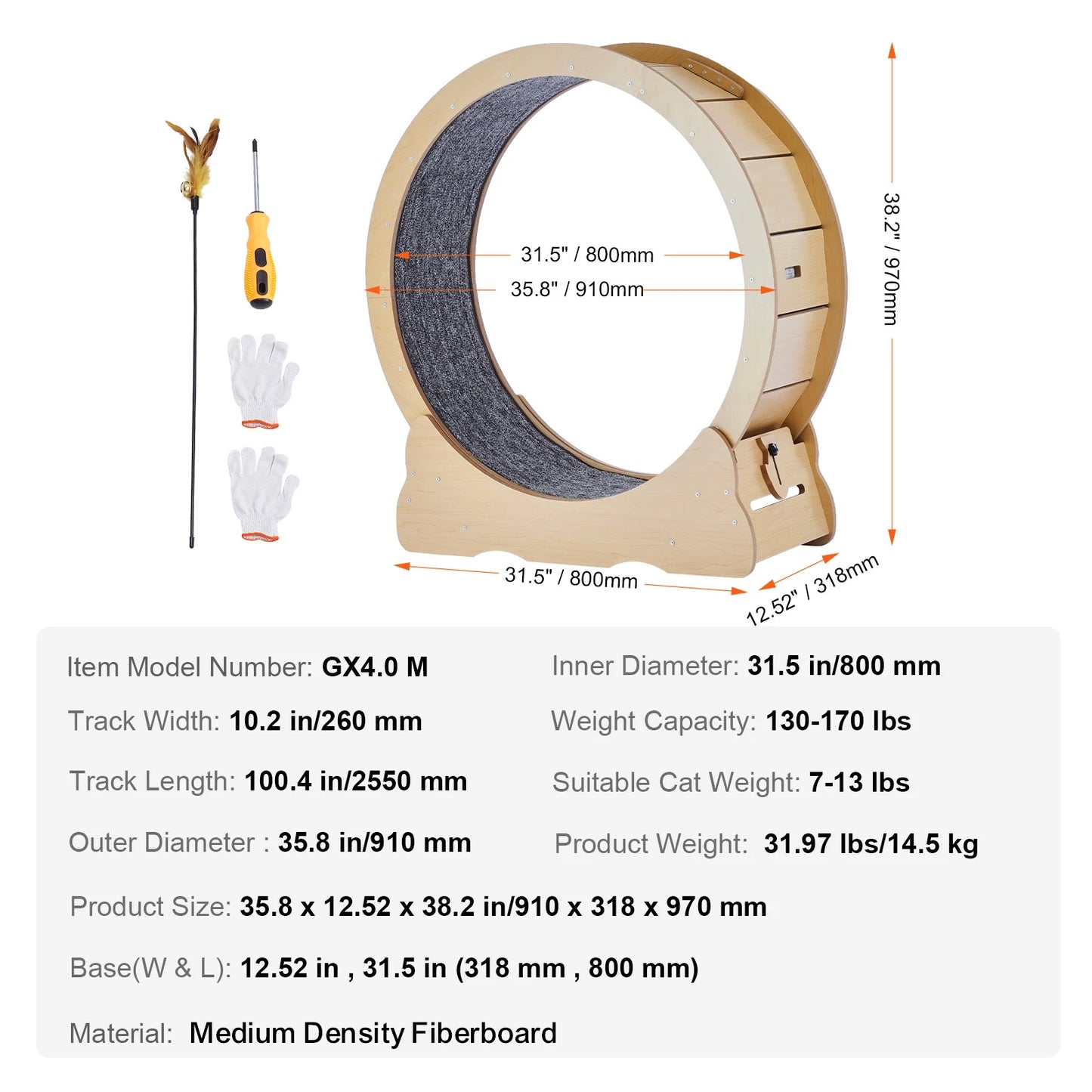 Wooden Cat Exercise Wheel for Indoor Running with Detachable Carpet