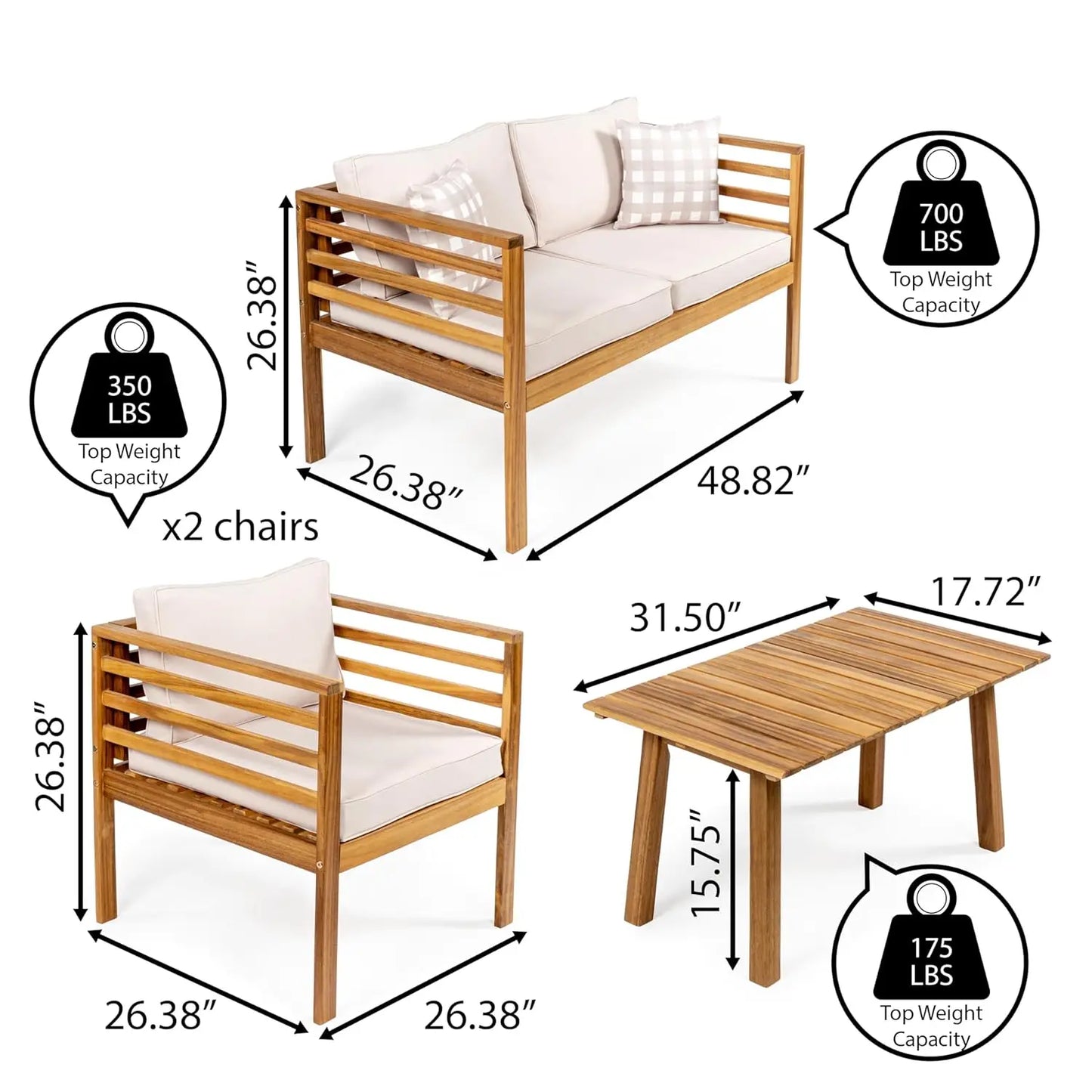 4 Piece Acacia Wood Patio Set With Cushions And Pillows