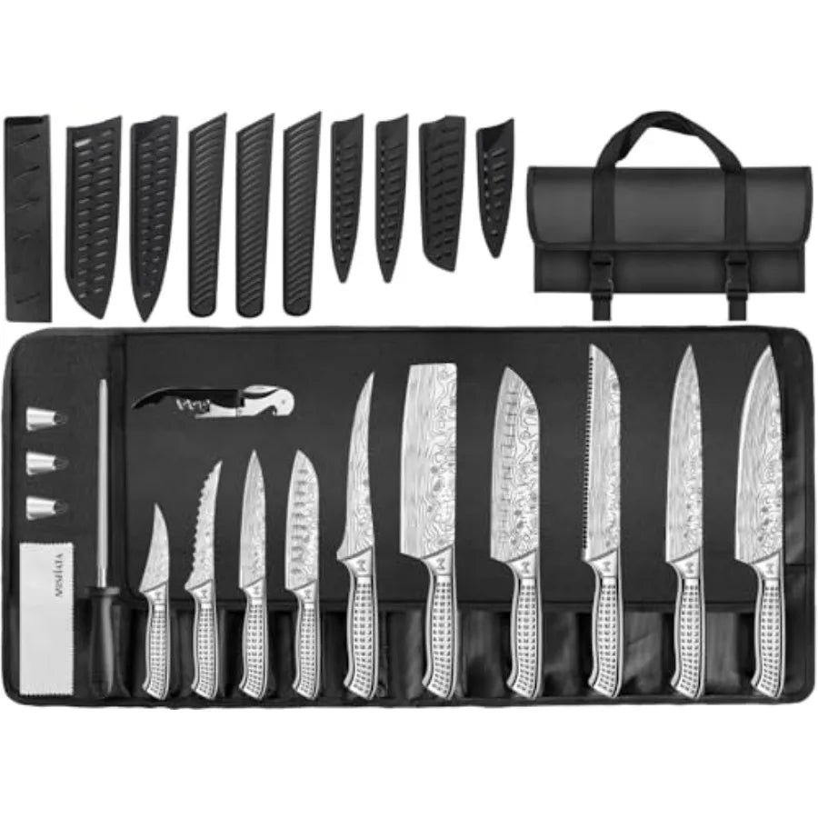 Japanese Stainless Steel Kitchen Knife Set With Sharpener And Storage Bag