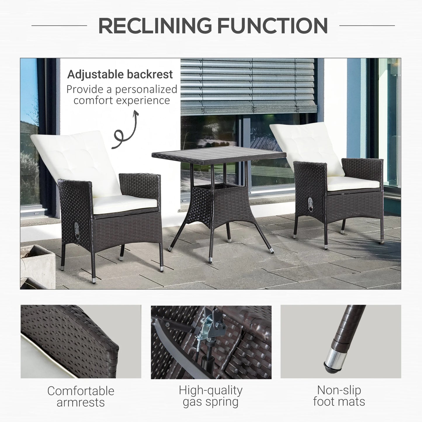 Outdoor 3 Piece Patio Reclining Chair Set Rattan Wicker With Table