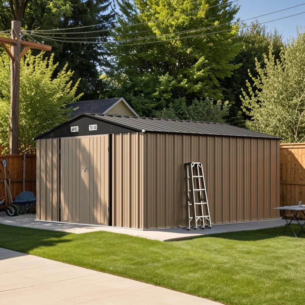 Outdoor Metal Storage Shed With Lockable Door And Sloping Roof