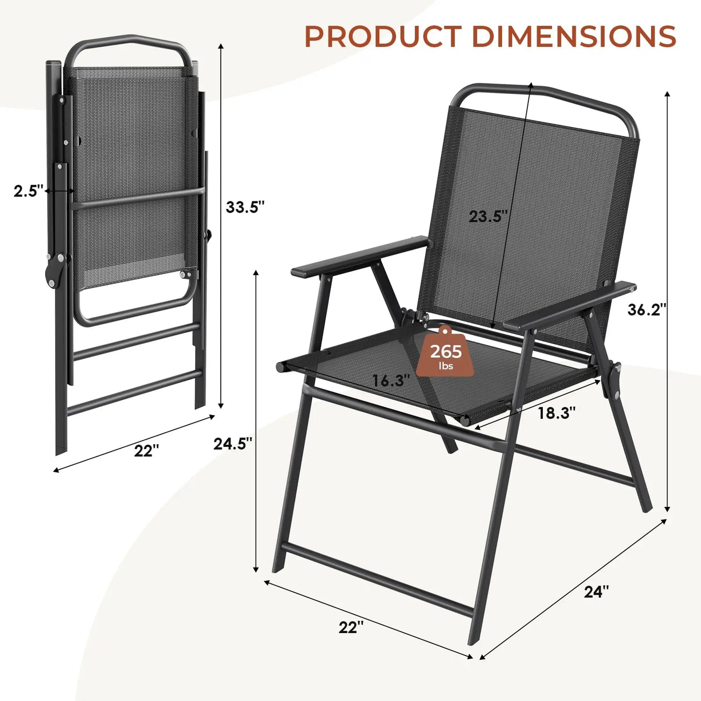 Patio Folding Chairs Outdoor All Weather Textilene Seat Steel Frame