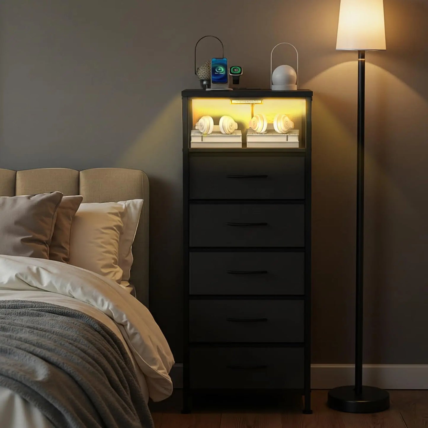 JHK 5-Drawer Dresser Nightstand With USB Charging Station