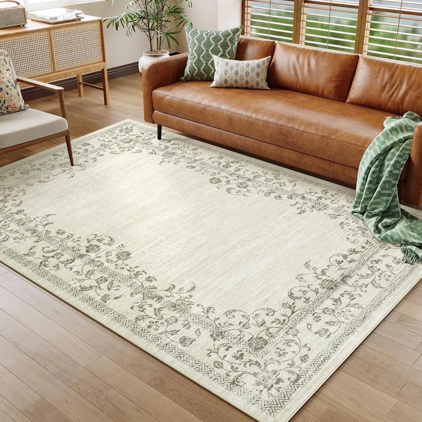 HiMISS Washable Area Rug Floral Border For Living Room