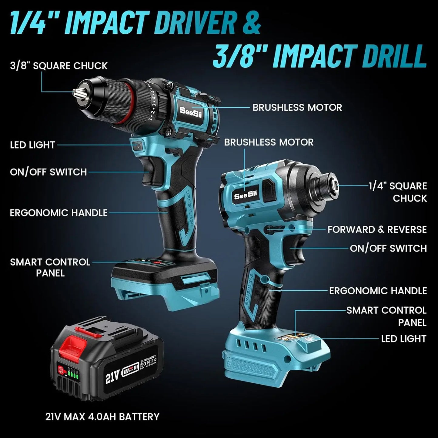 Seesii 21V Max Cordless Drill and Brushless Impact Wrench