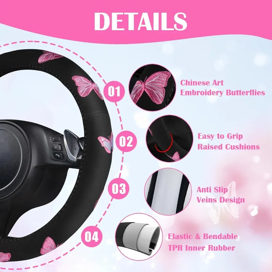 Embroidery Butterfly Steering Wheel Cover And Waterproof Car Floor Mats