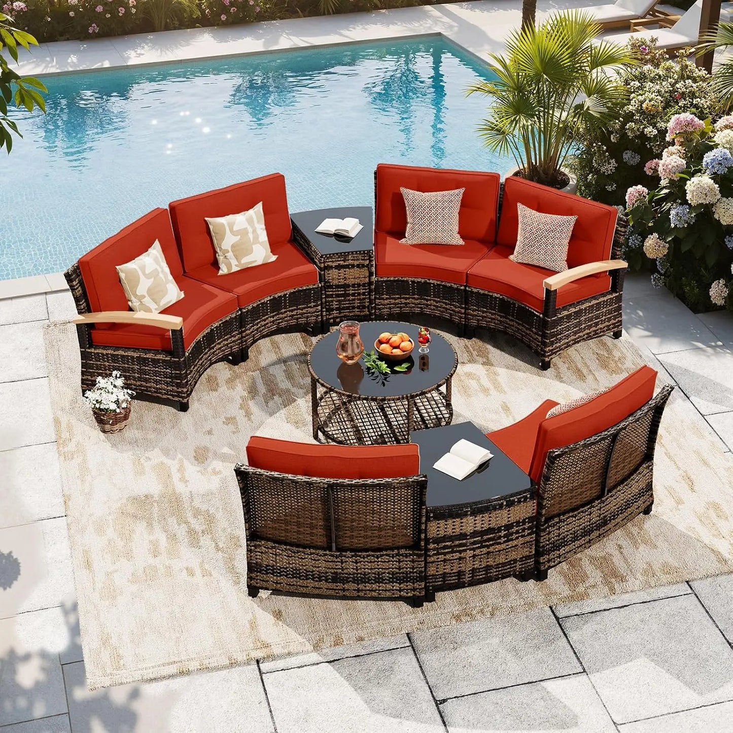 Outdoor 9-Piece Curved Patio Furniture Set With Wood Armrests