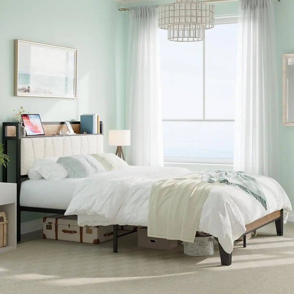 LIKIMIO Bed Frame With Storage Headboard And Charging Station