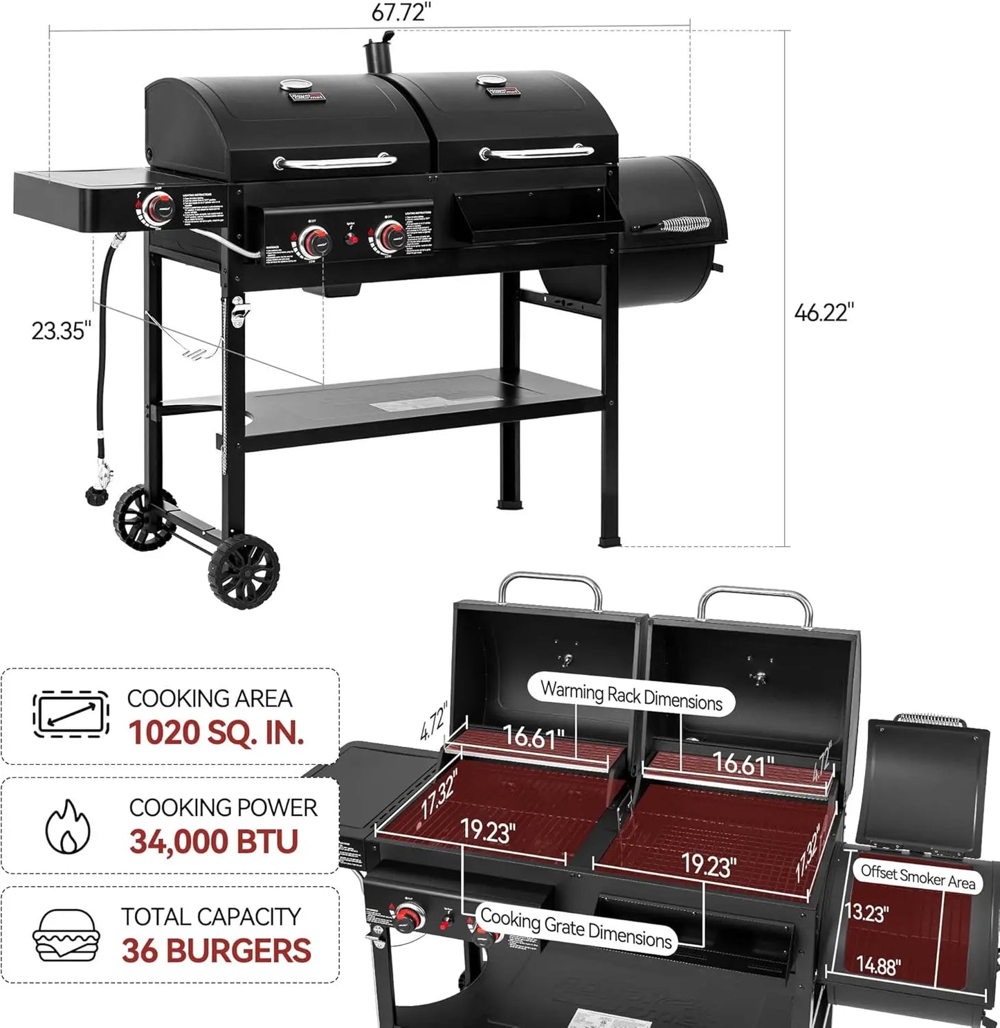 Versatile 2-Burner Dual Fuel Grill With Gas Charcoal Offset Smoker