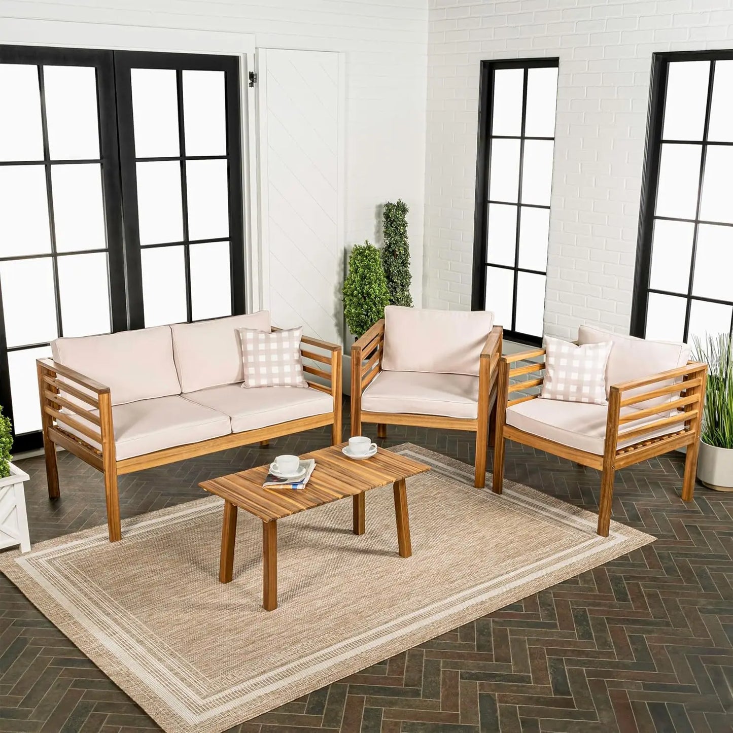 4 Piece Acacia Wood Patio Set With Cushions And Pillows