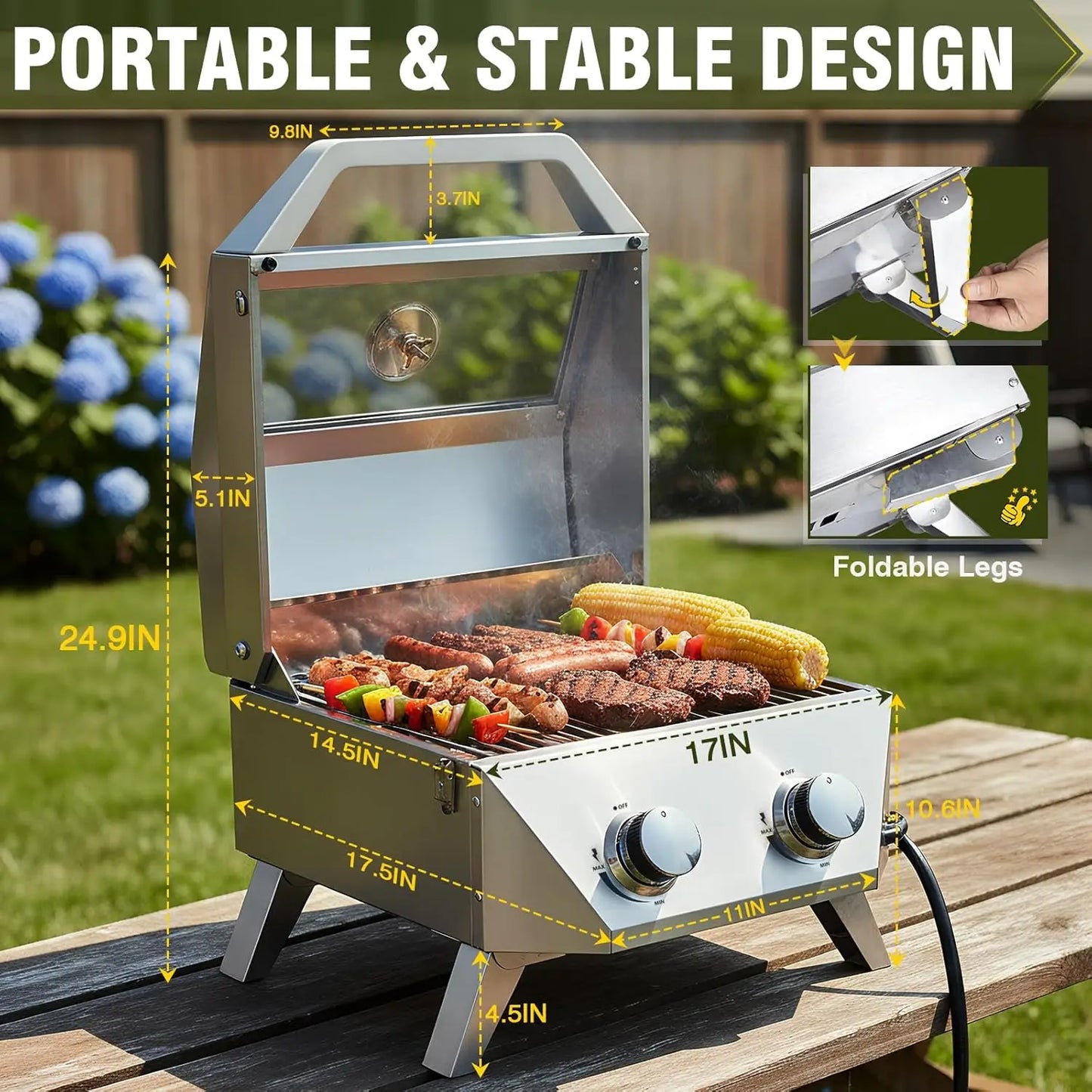 Porterhouse 20000 BTU Tabletop Gas Grill With Glass Lid 2 Burners