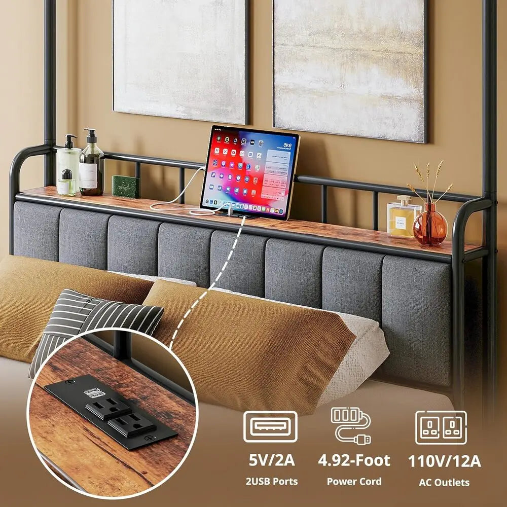 LIKIMIO Canopy Bed Frame With Storage Headboard And Charging Station