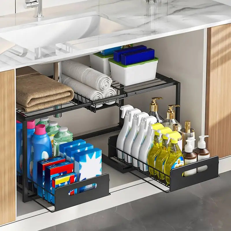 Under Sink Sliding Storage Organizer With Two Drawers