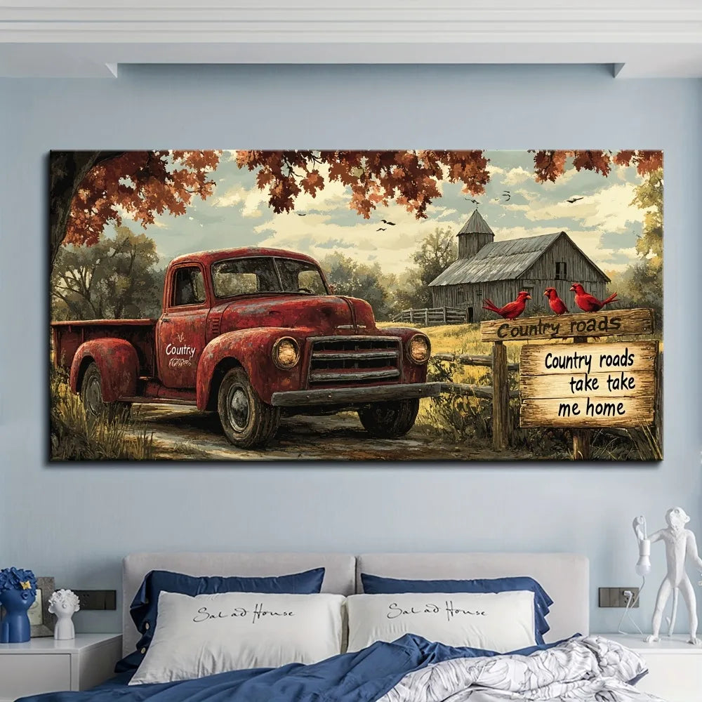 Framed Farmhouse Red Truck Wall Art Canvas Print Decorative