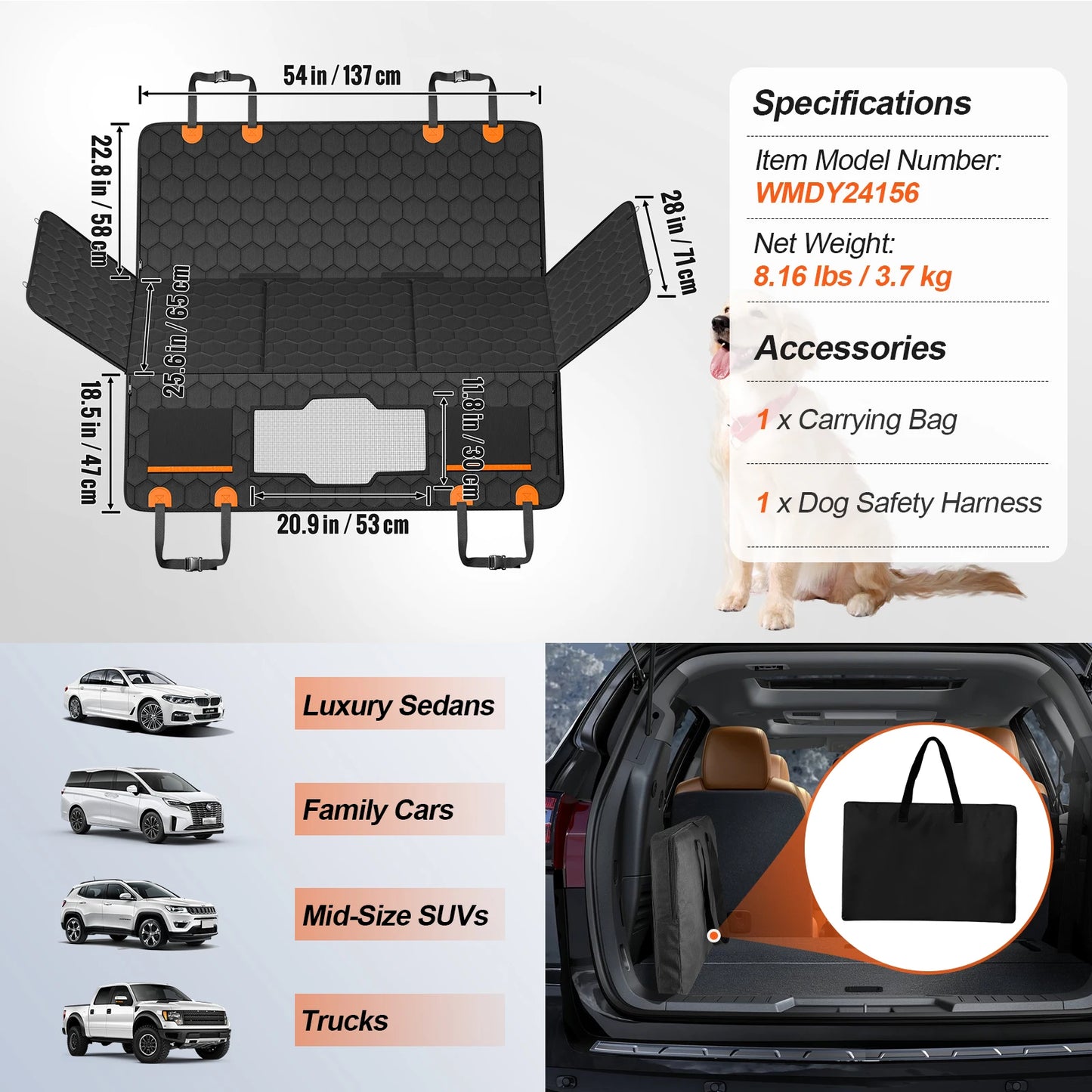 SucceBuy Back Seat Extender Dog Car Bed With Mesh Window