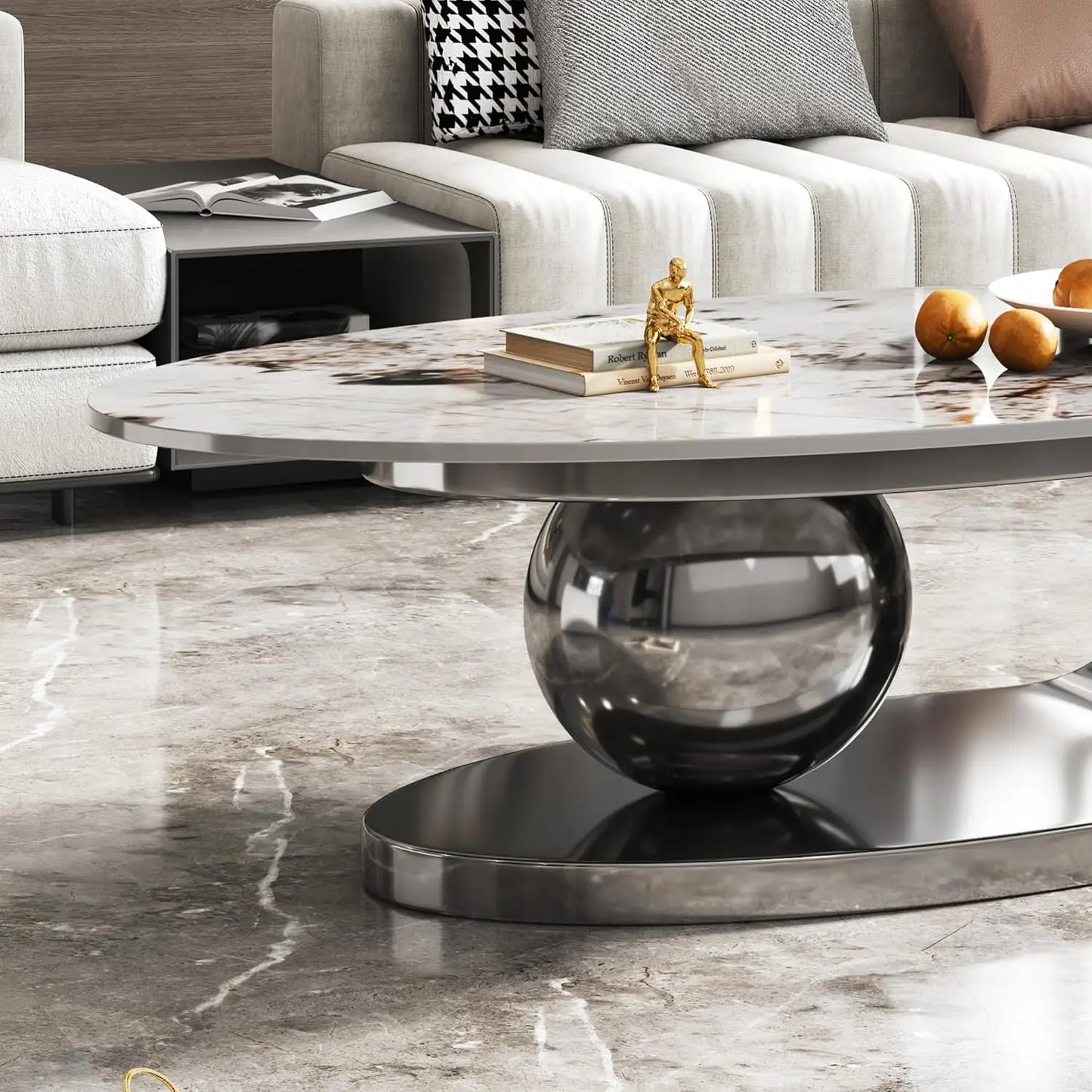 Modern Coffee Table Stainless Steel Pedestal And Faux Stone Top
