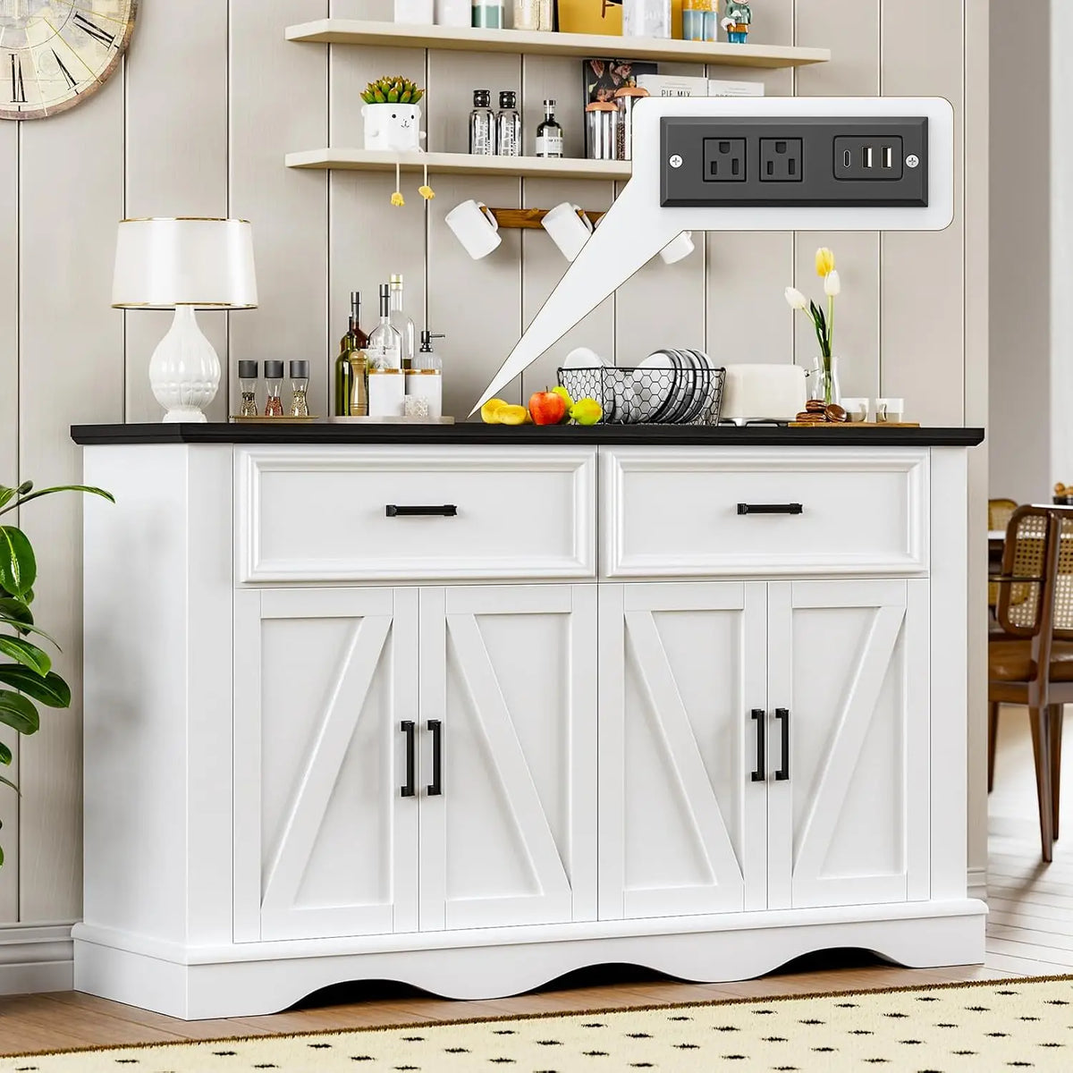 Farmhouse Buffet Cabinet With Charging Station And Adjustable Shelves