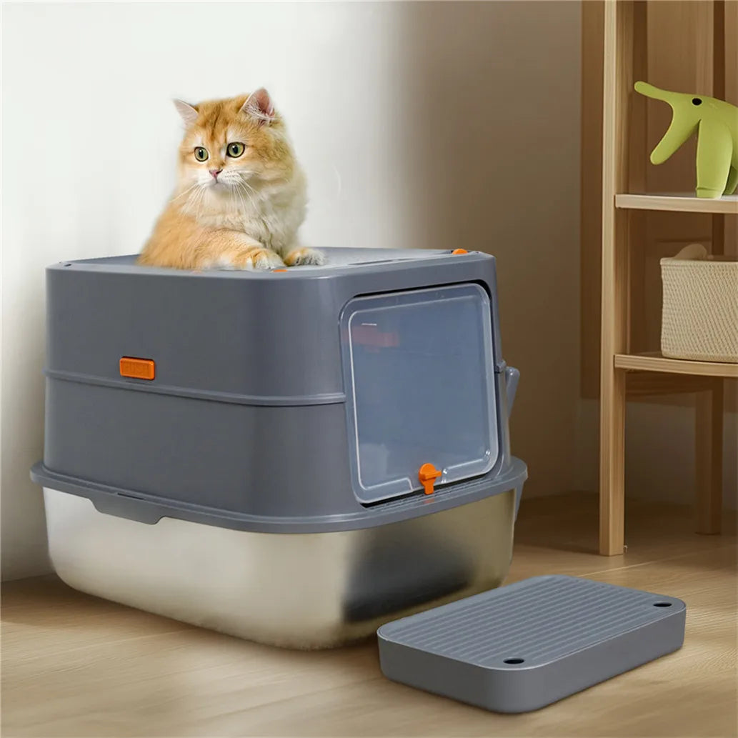 Stainless Steel Cat Litter Box Enclosed Tray With Removable Lid Scoop