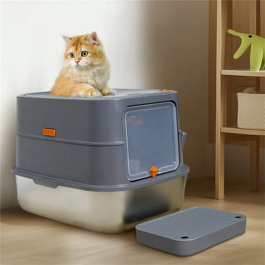 Stainless Steel Cat Litter Box Enclosed Tray With Removable Lid Scoop