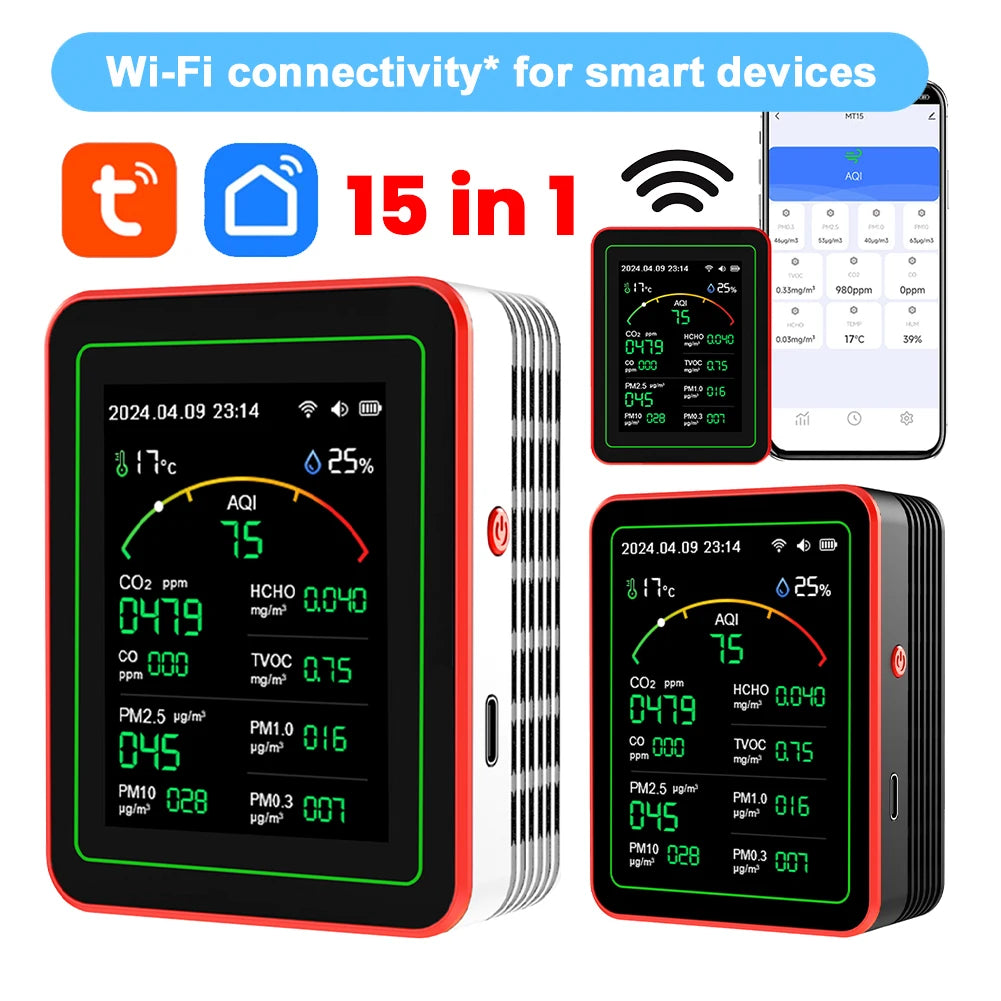 WiFi 15 In 1 Air Quality Detector Indoor Monitor APP Control AQI PM2 5 PM10 CO2
