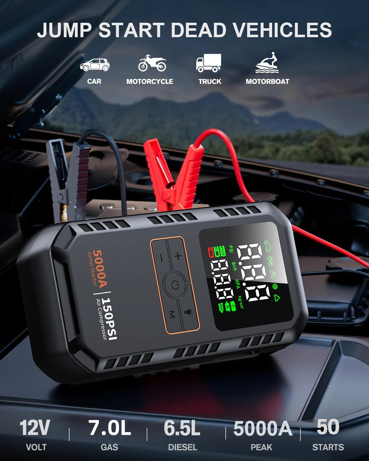 PAIVIROKU 4 In 1 Car Jump Starter With Air Compressor 5000A And Tire Inflator