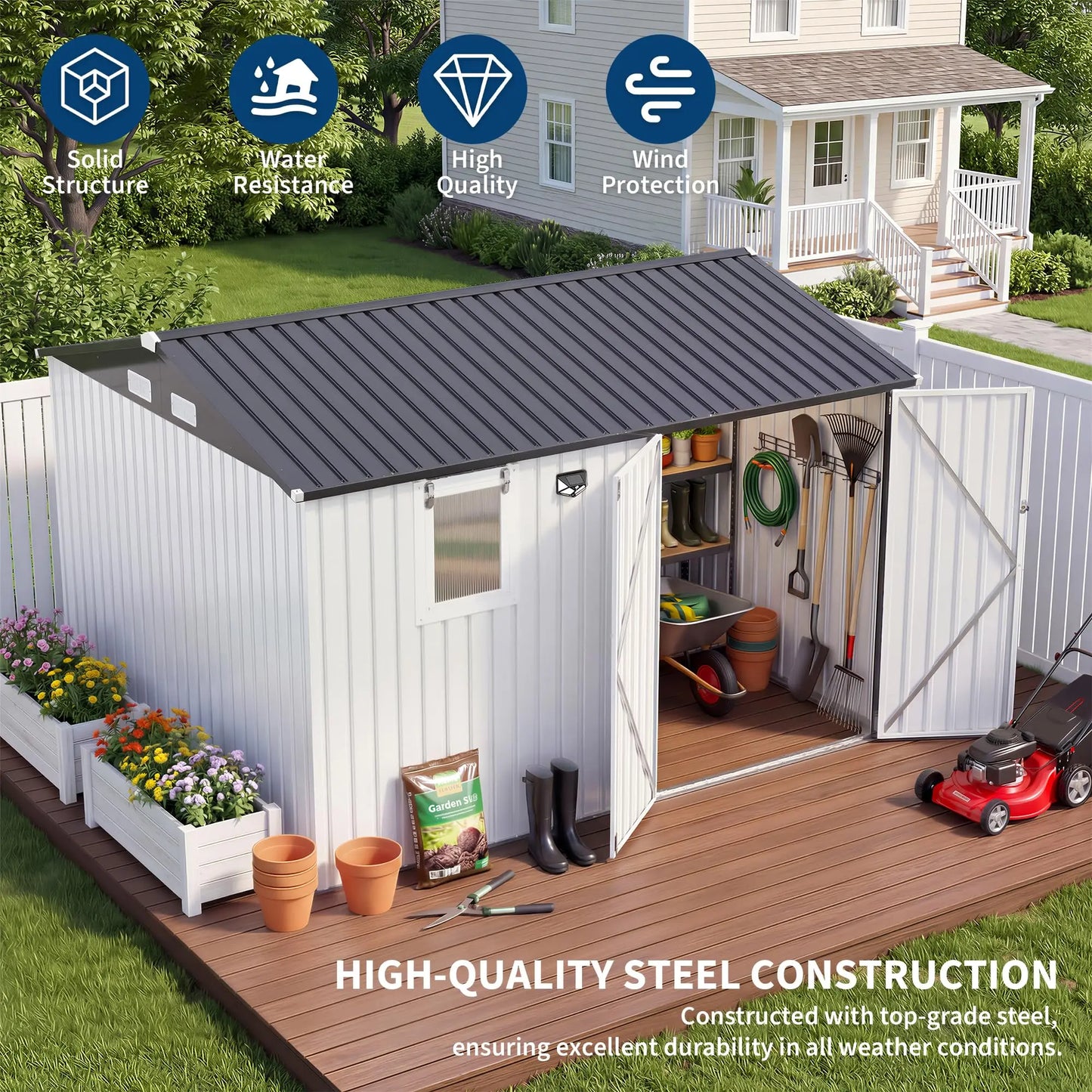 HiMISS Steel Garden Storage Shed Lockable Doors With Sloped Roof