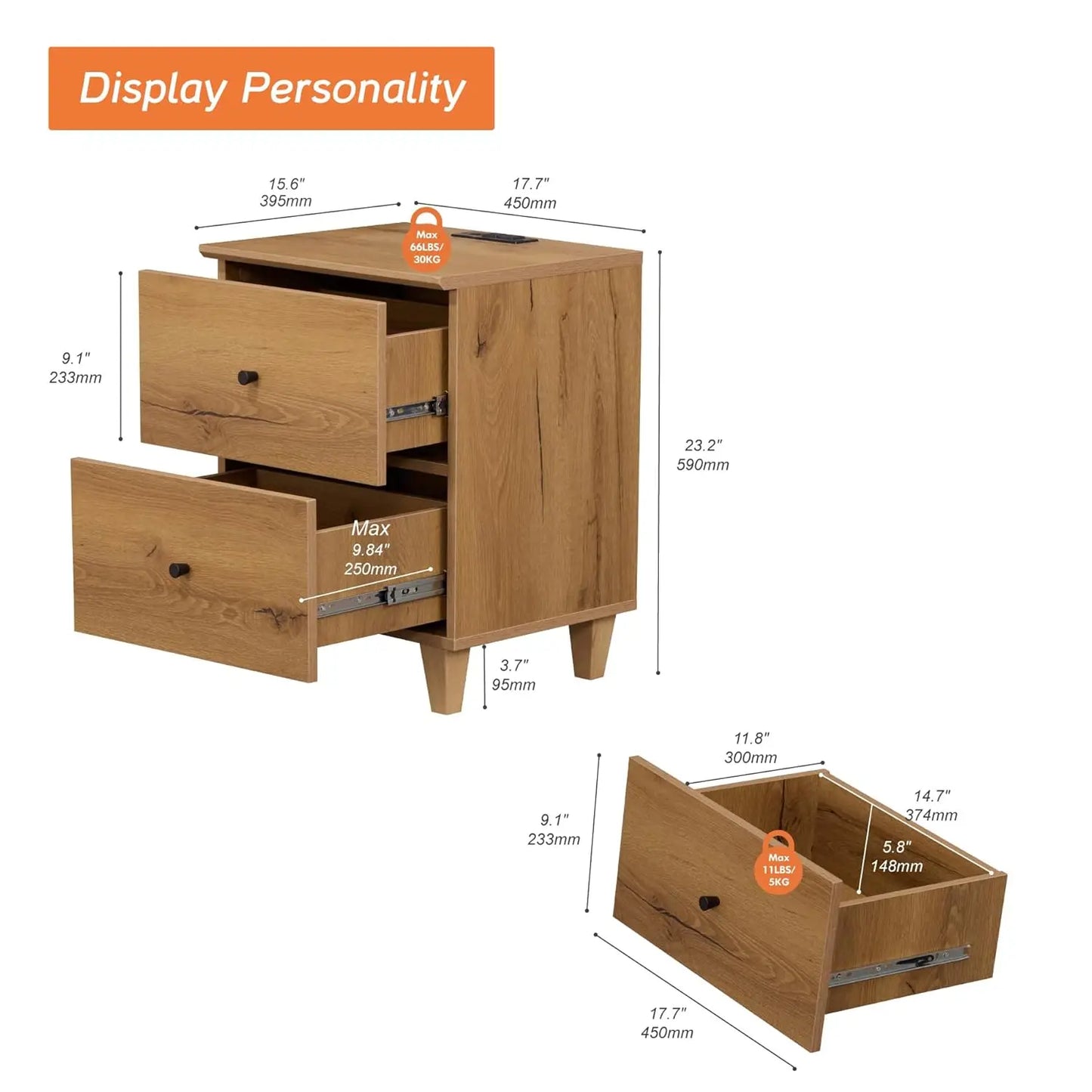 Nightstands With Charging Station and Two Drawers Modern Farmhouse Wood