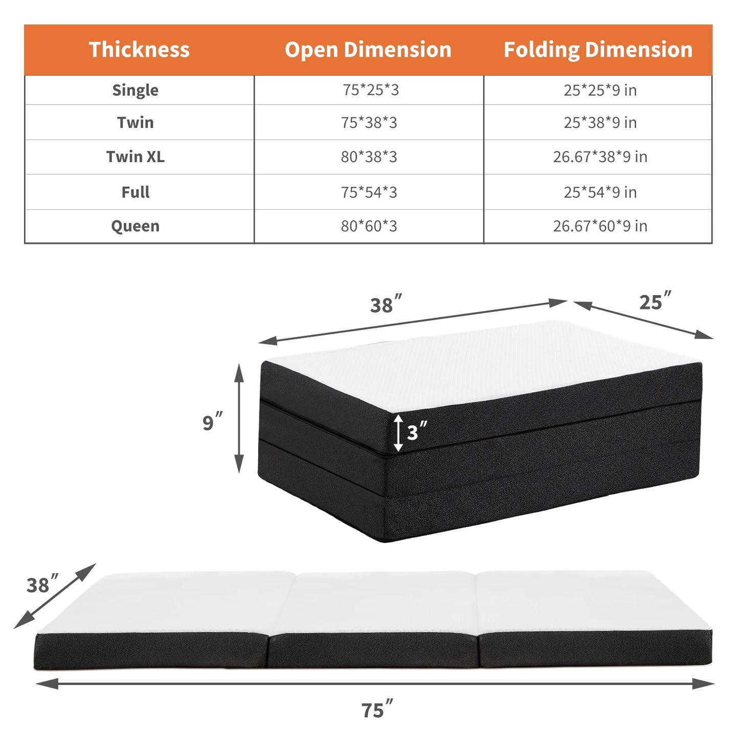 JHK Tri Fold Memory Foam Mattress Washable Cover CertiPURUS Certified