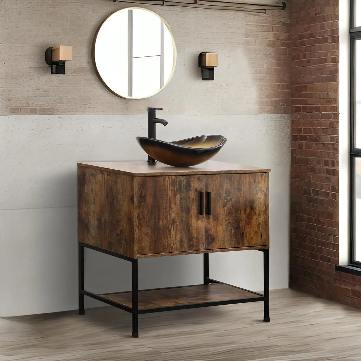 Rustic Industrial Bathroom Vanity With Sink Iron Frame Doors and Shelf