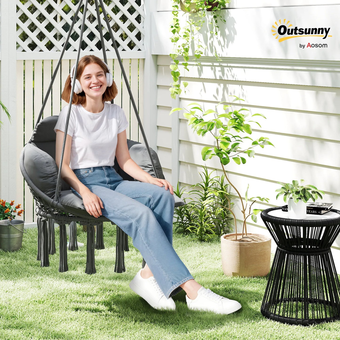 Outsunny Macrame Hanging Hammock Chair With Comfortable Patio Cushion