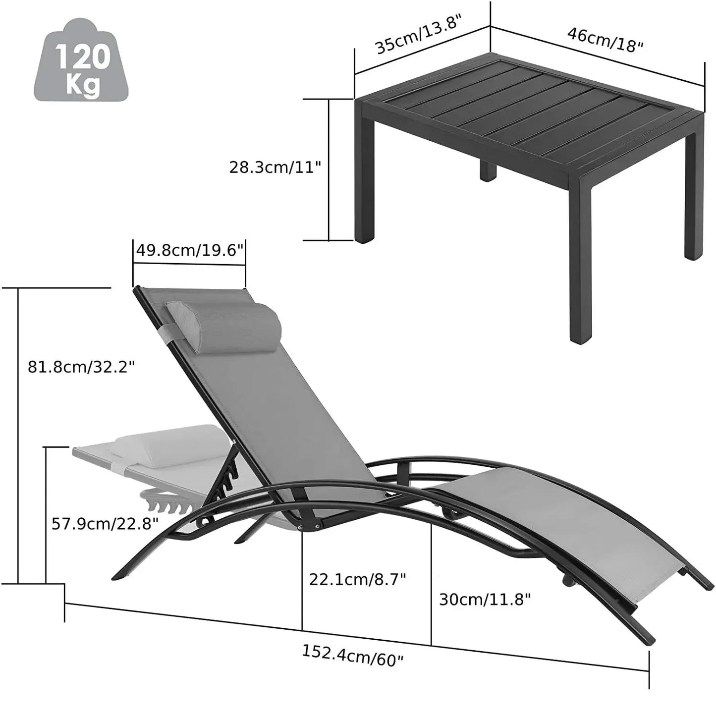 Homfa Aluminum Outdoor Lounge Chair With 5 Adjustable Positions Table