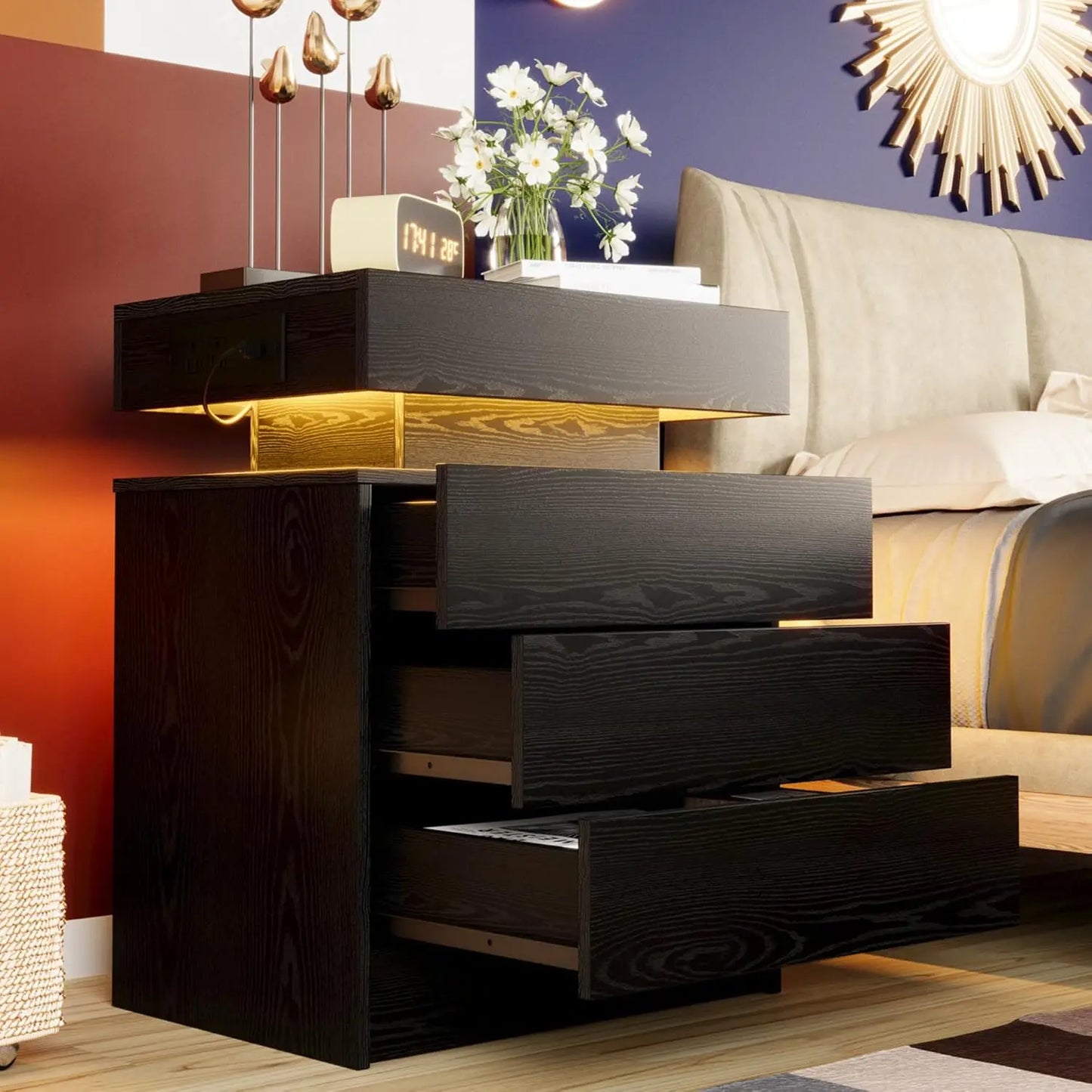 LIKIMIO Nightstand With Charging Station And Led Light Drawers