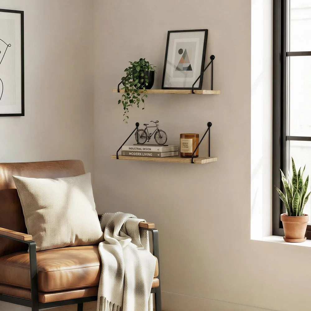 Modern Floating Wall Shelves, Dual Tier Wood Display Storage Organizer