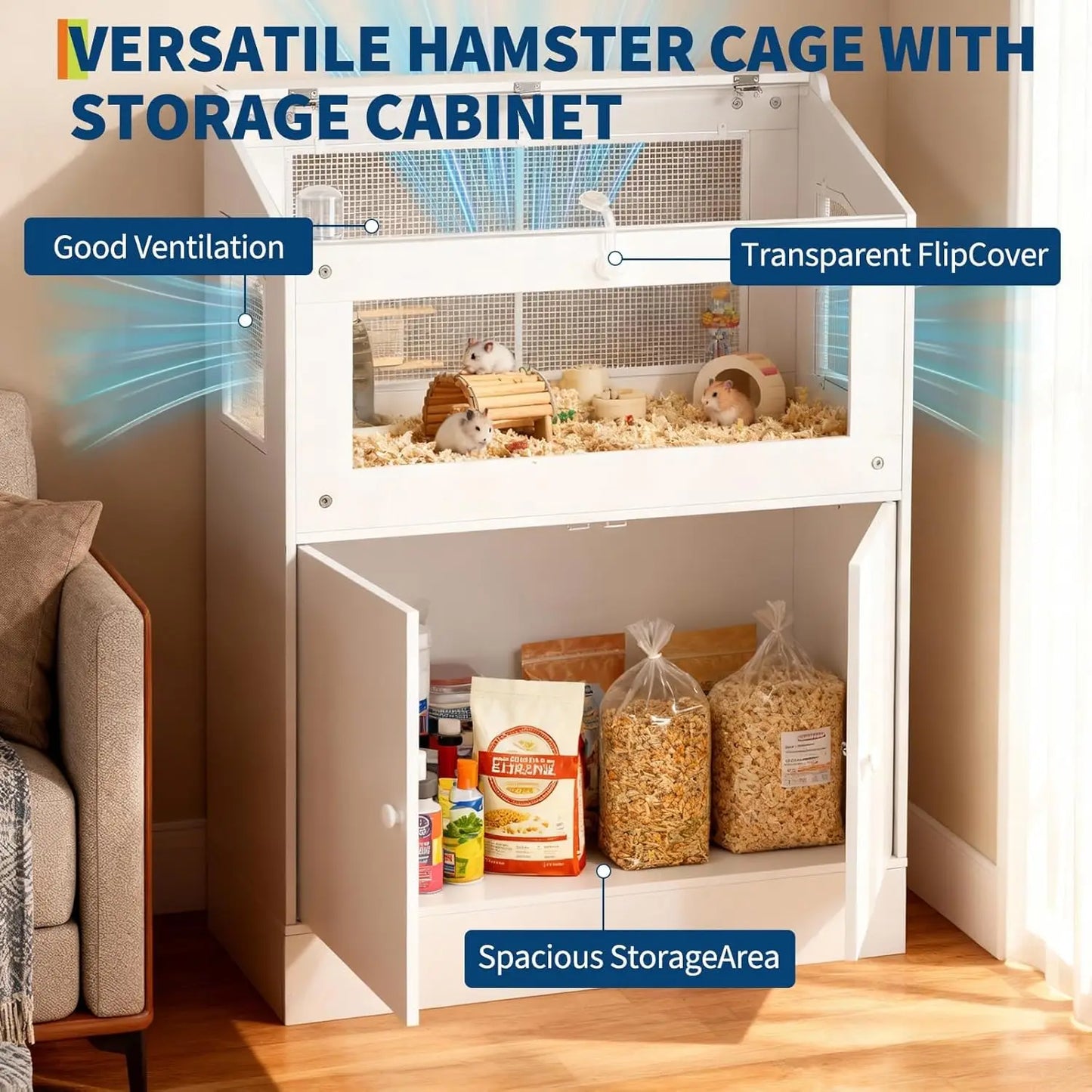 HiMISS Wooden And Acrylic Small Animal Cage With Storage Cabinet