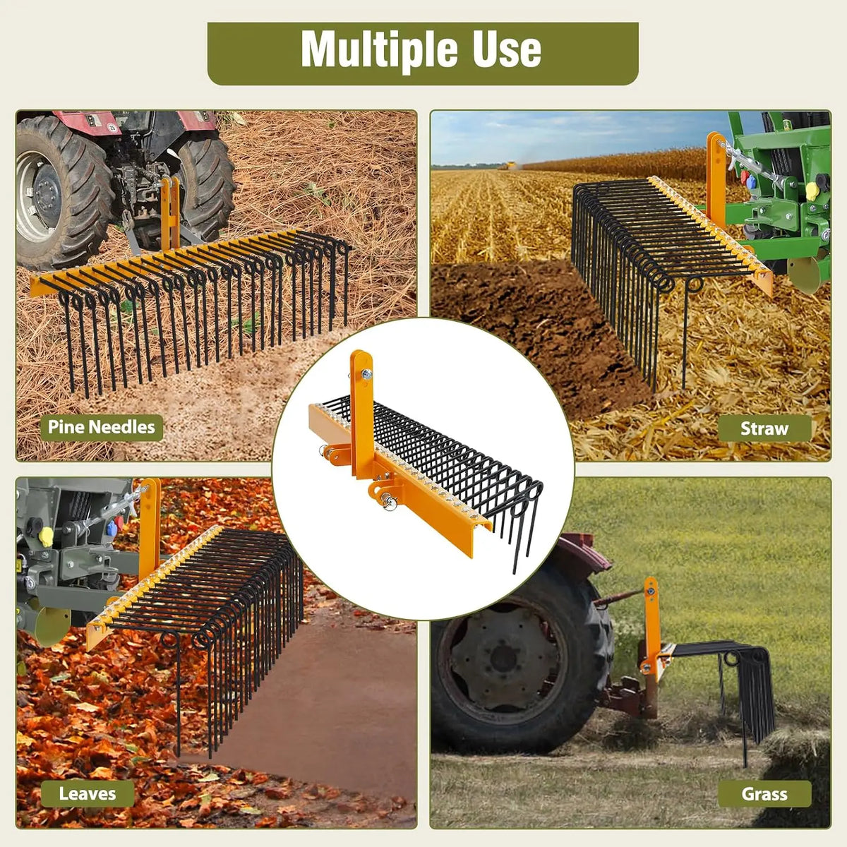 Heavy Duty Steel Landscape Rake with Spring Tines for Tractors