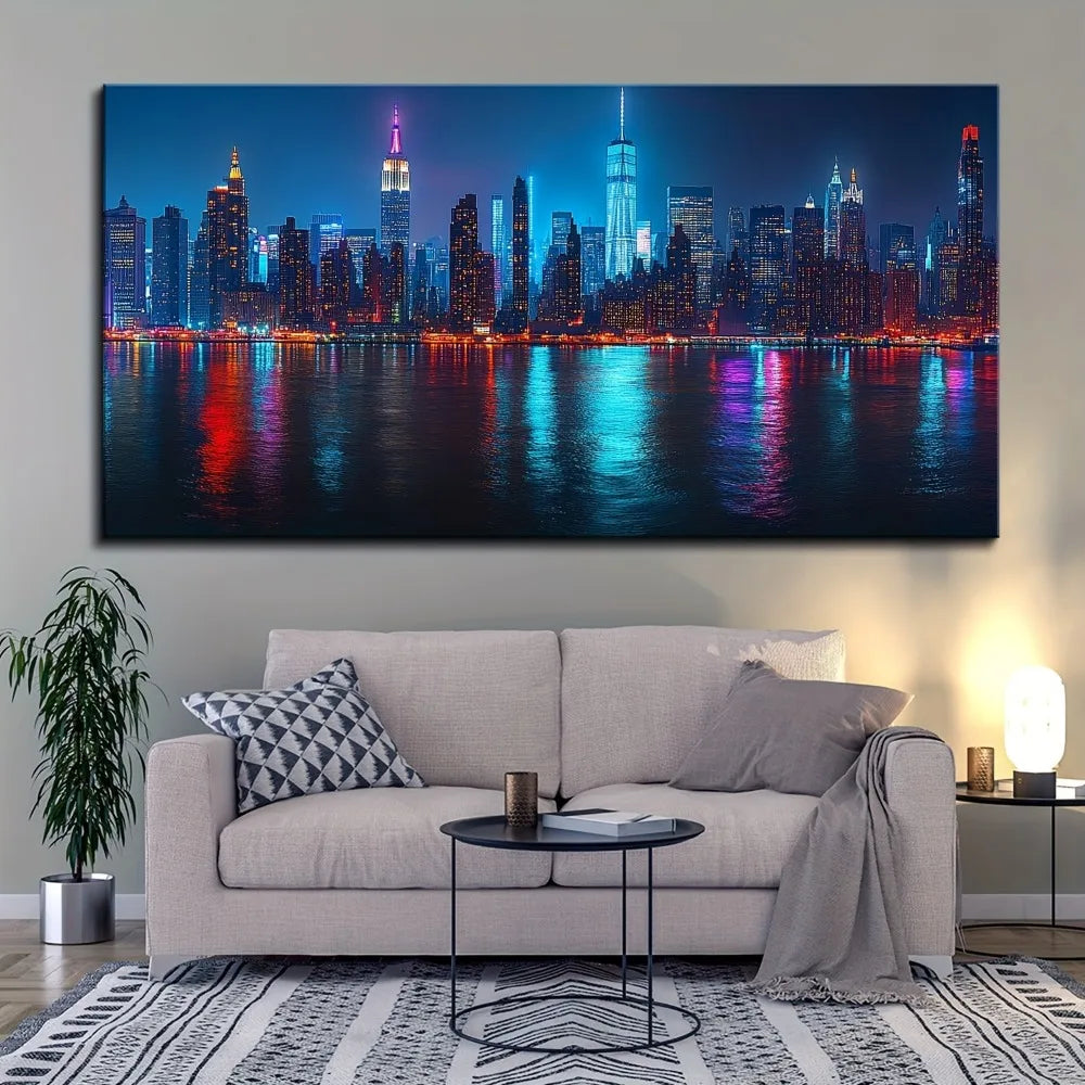 New York City Skyline Canvas Poster With Pine Frame