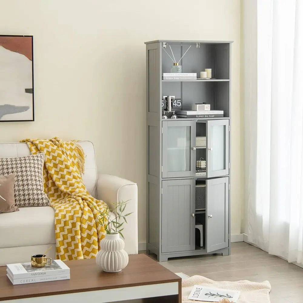 Tall Bathroom Storage Cabinet With Glass Doors And Shelves