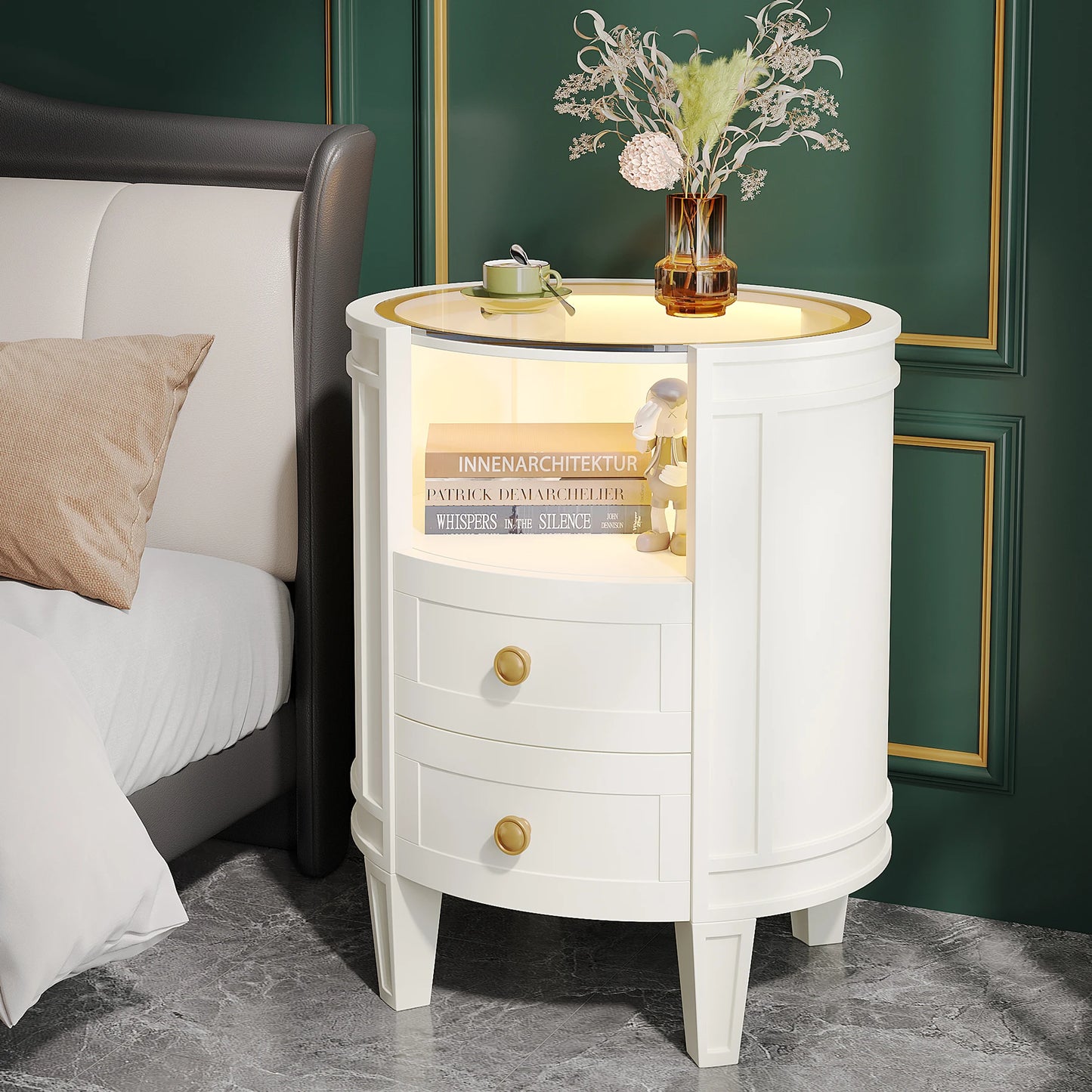 Little Tree 2 Drawer Nightstand Glass Tabletop Modern LED Nightstand