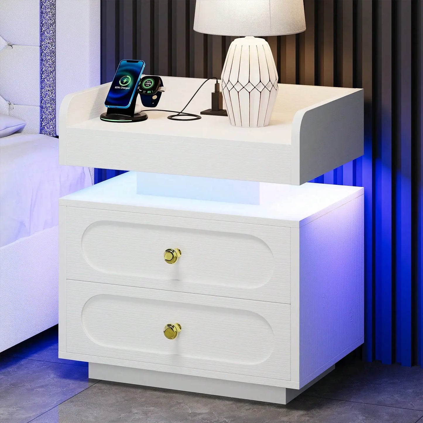 Nightstand With Charging Station And LED Lighting Modern Bedside Table