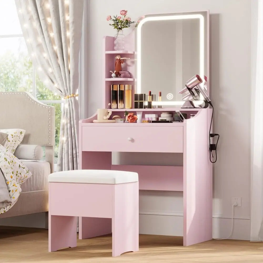 LIKIMIO Vanity Desk With Mirror And Lights Chair Storage Drawer