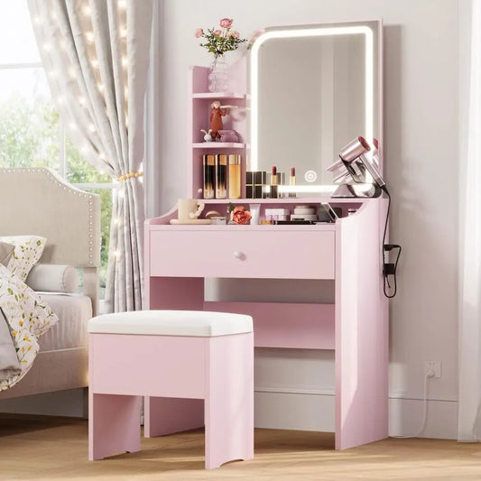 LIKIMIO Vanity Desk With Mirror And Lights Chair Storage Drawer