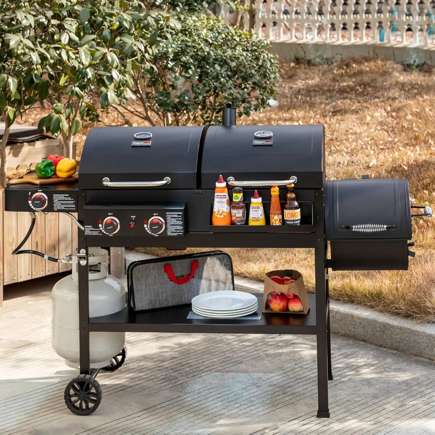 Versatile 2-Burner Dual Fuel Grill With Gas Charcoal Offset Smoker