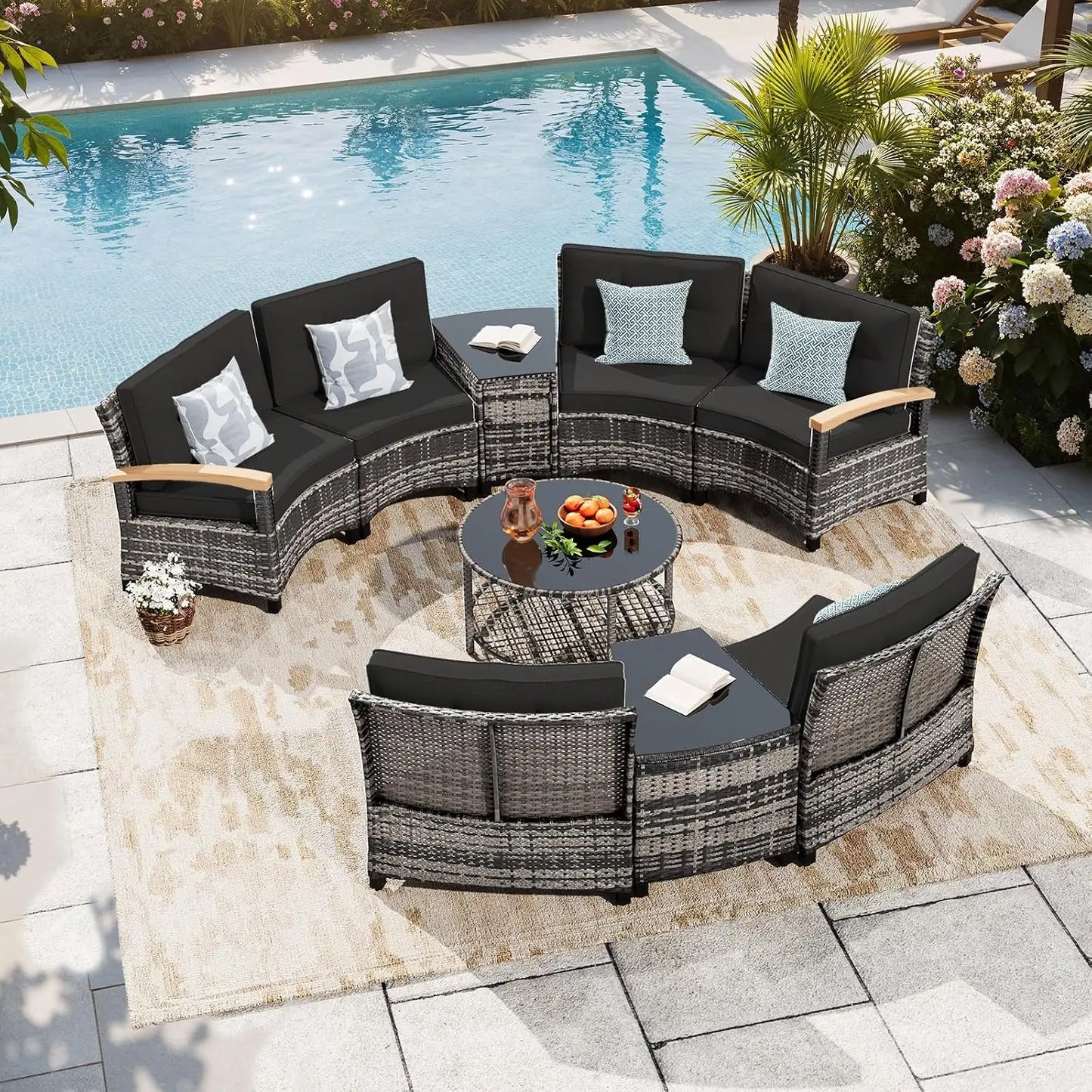Outdoor 9-Piece Curved Patio Furniture Set With Wood Armrests