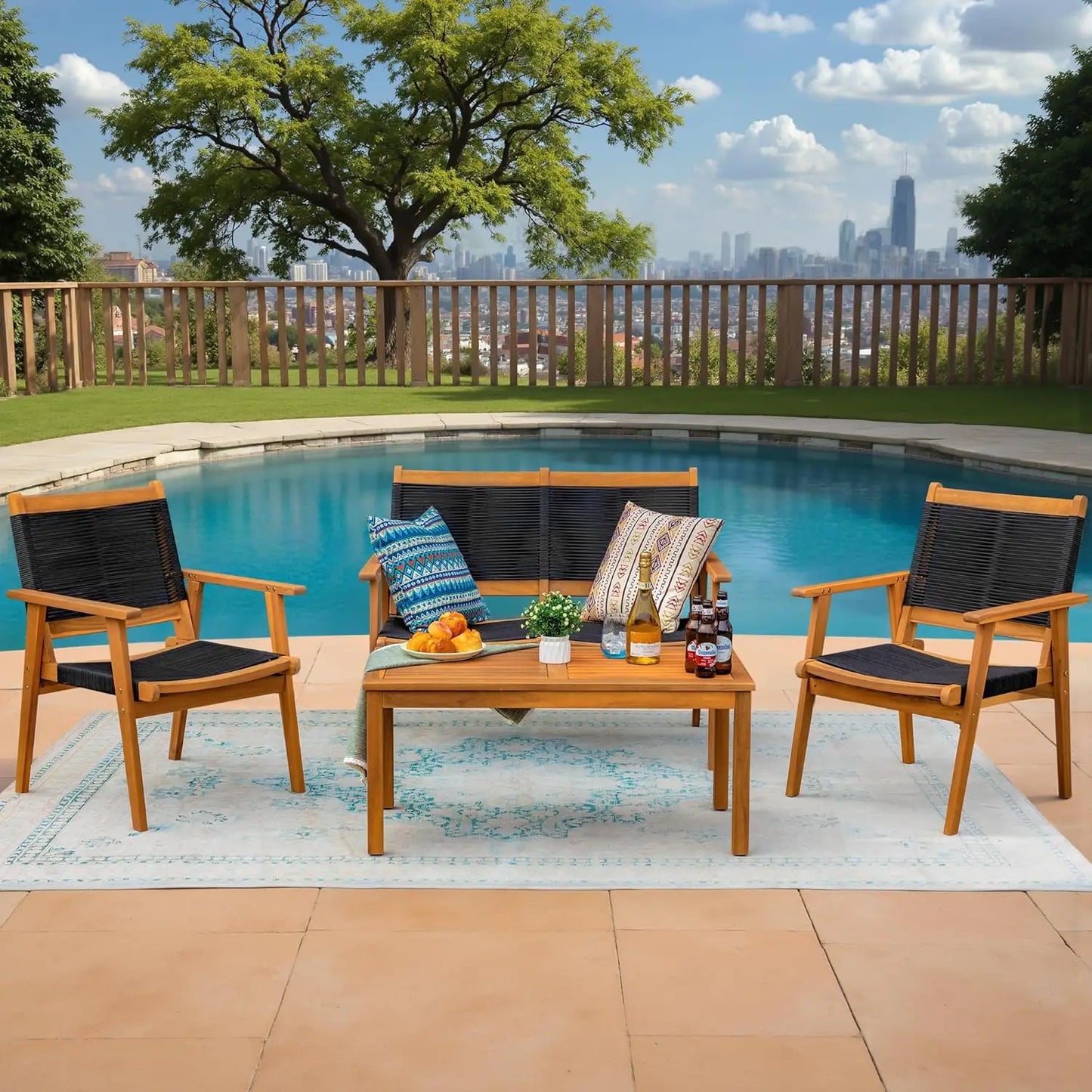 Acacia Wood 4 Piece Conversation Set Hand Woven Rope Seats