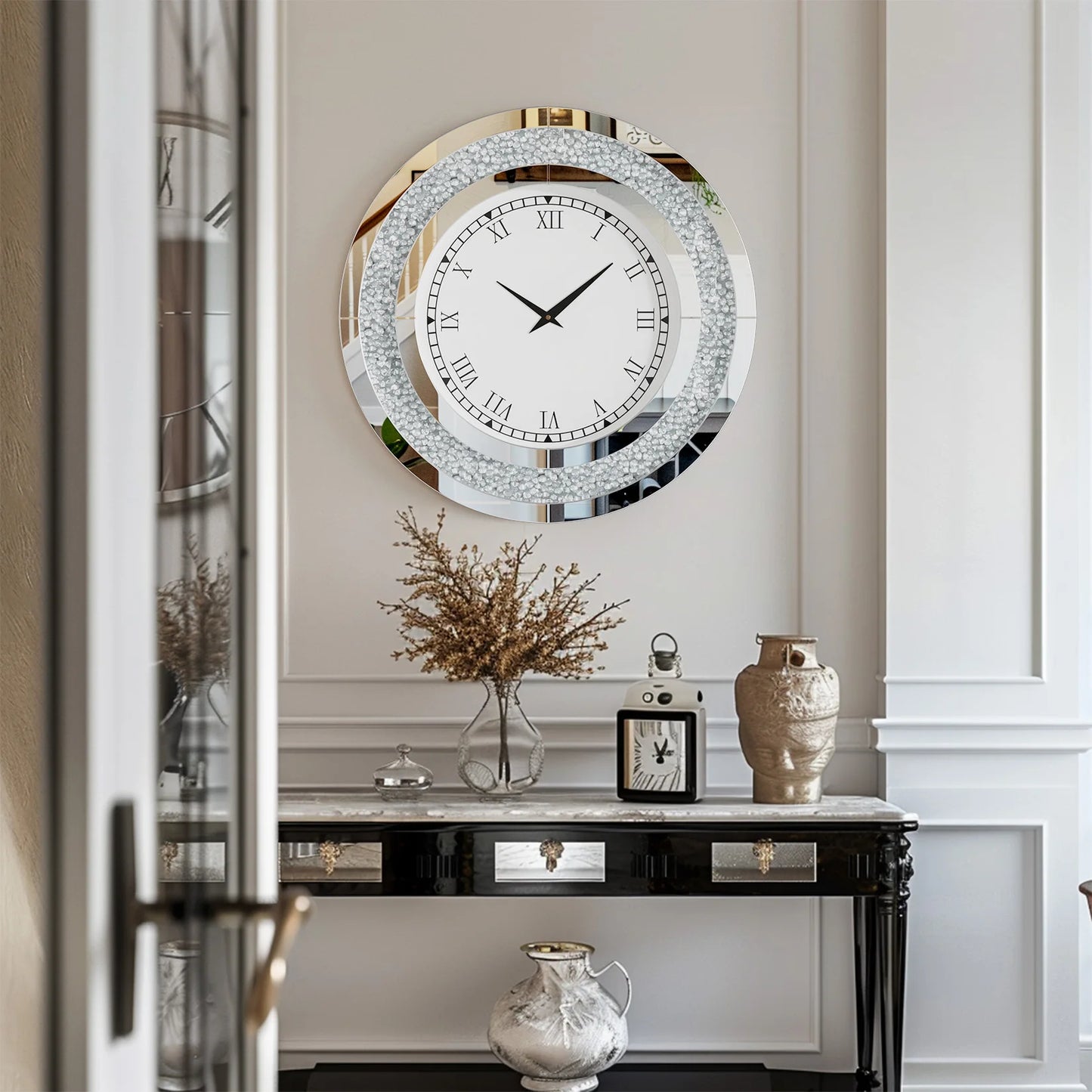 Mirrored Wall Clock With Crystal Sparkle Dial Living Room