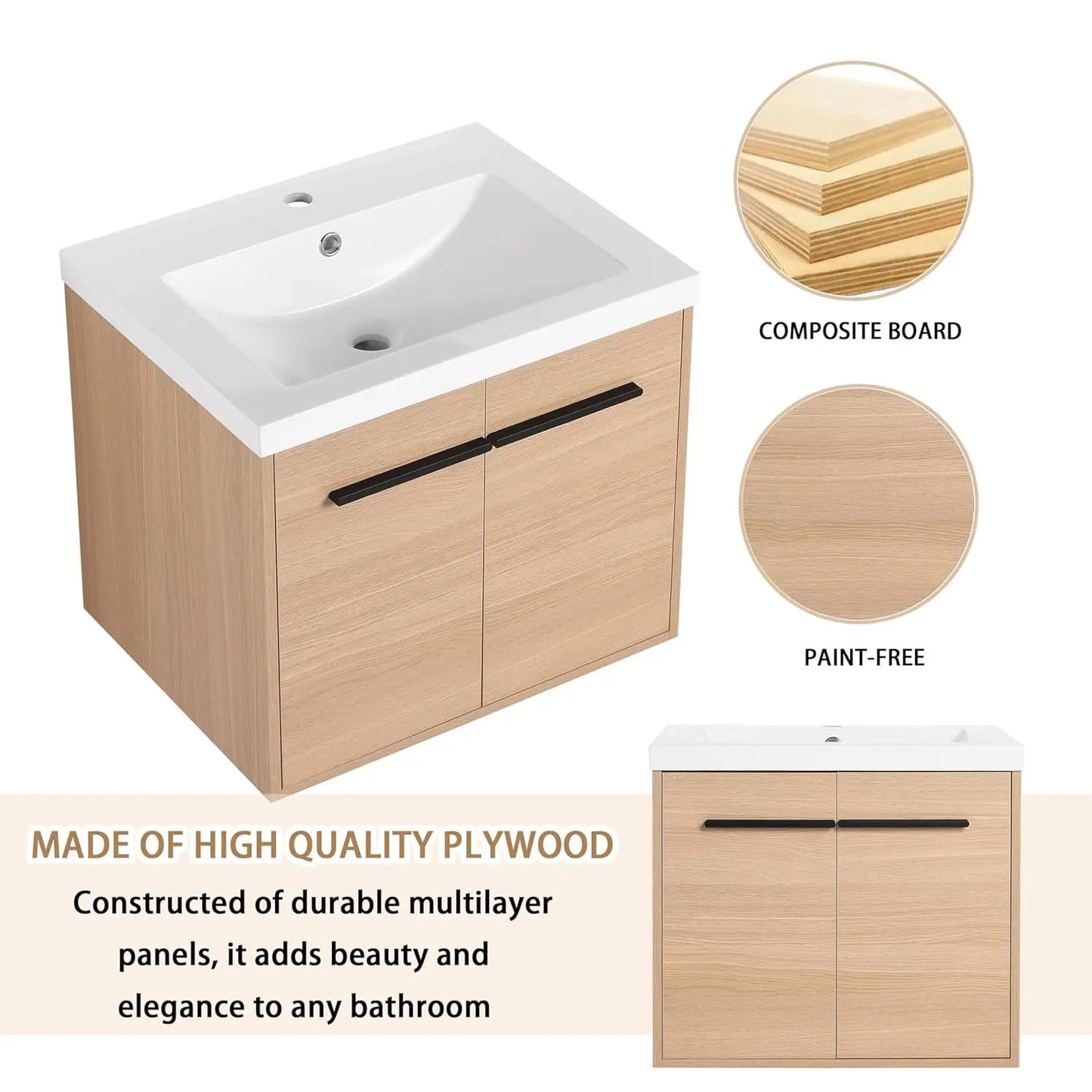 Floating Bathroom Vanity With Sink Wall Mounted Premium Plywood Construction