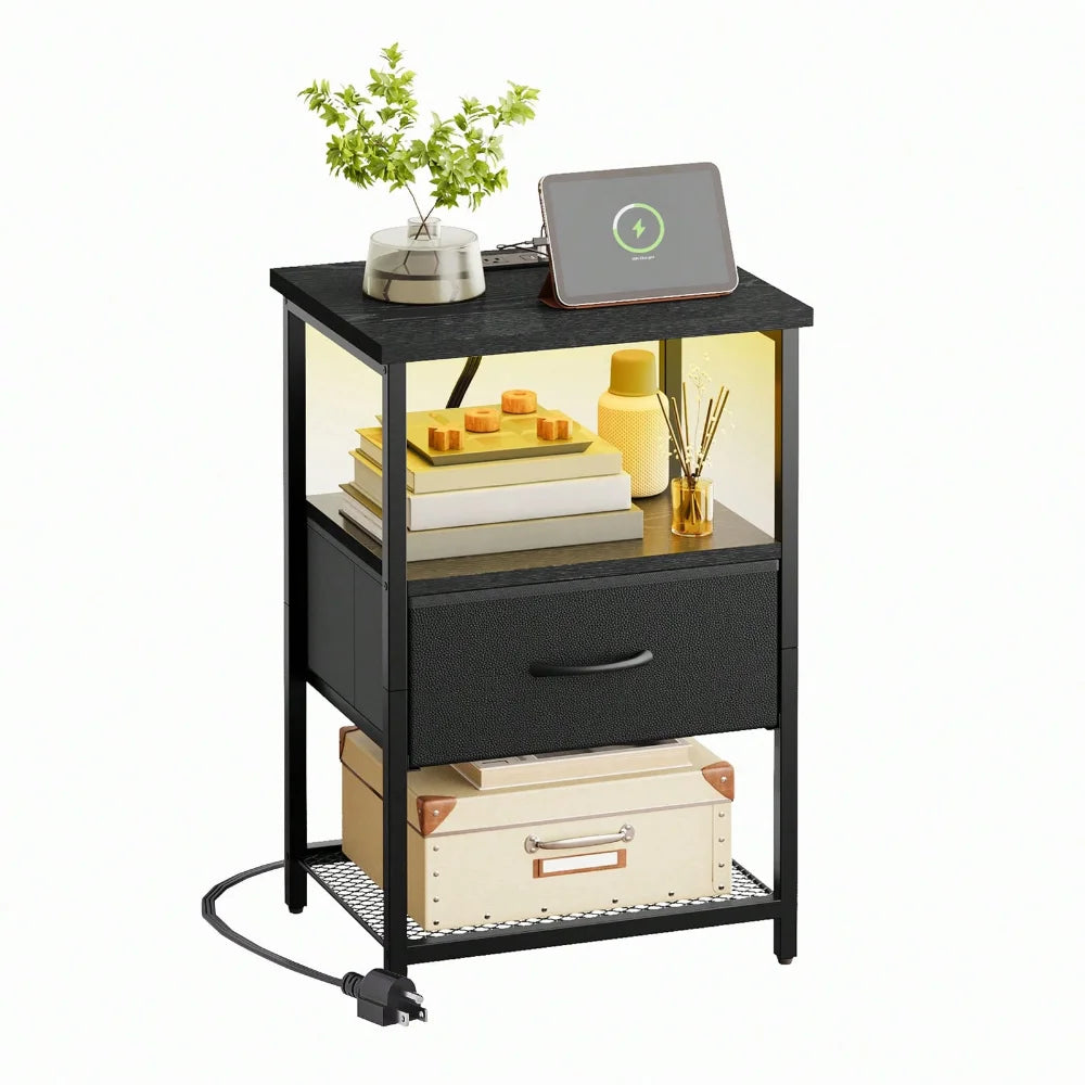 Bedside Table With Charging Station LED Nightstand