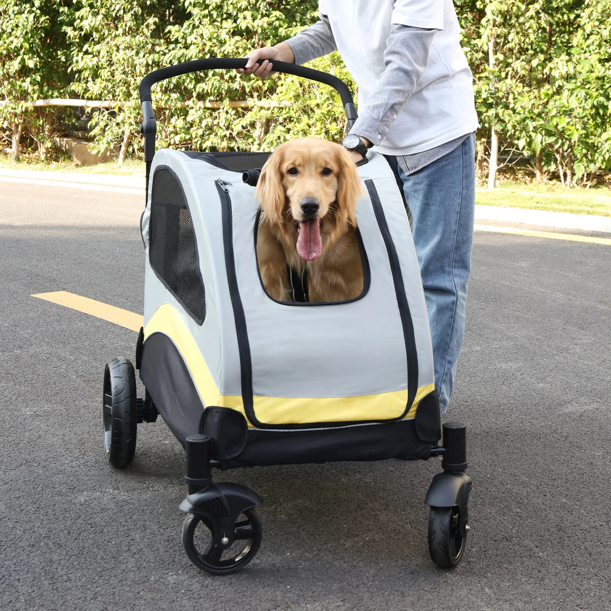 Portable Foldable Four Wheel Dog Stroller With Breathable Travel Carrier
